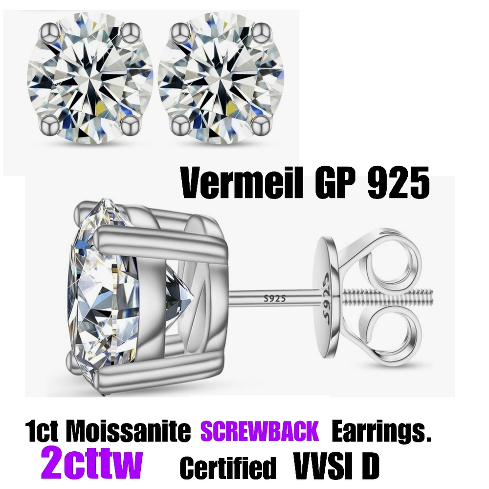 NIB CERTIFIED MOISSONITE DIAMOND GP Vermeil 925 💎 Screw Back 2CTW 6.5mm VVSI D